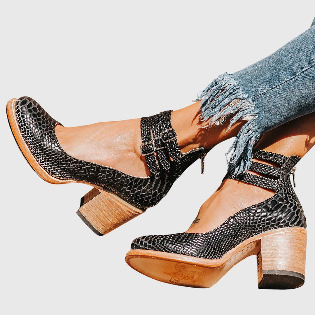 Bonnie | Damen Schnallenverschluss Knöchelriemen Stiefeletten mit Blockabsatz