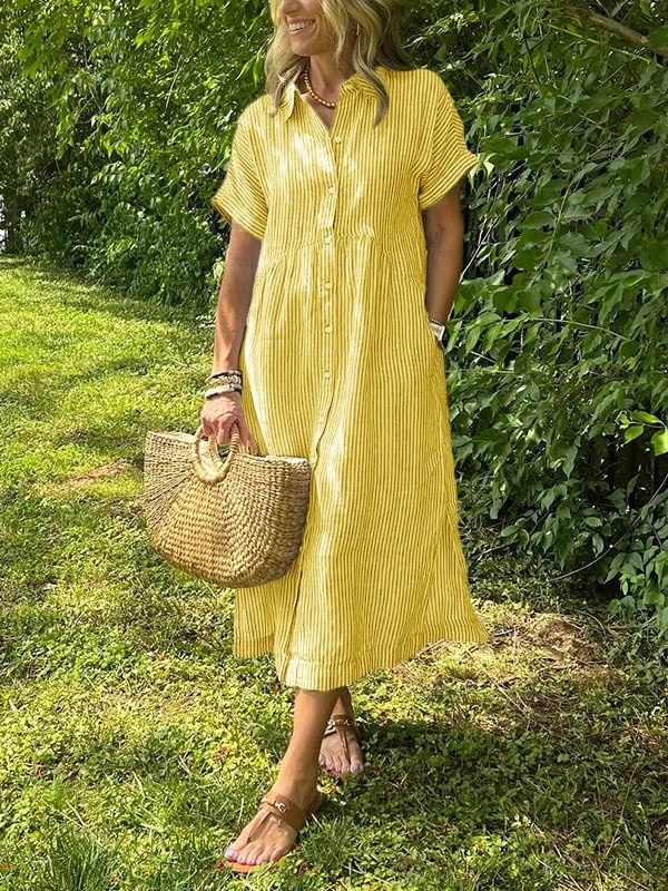 Dahlia | Damen Gestreiftes Midi Kleid mit Knopfleiste vorne