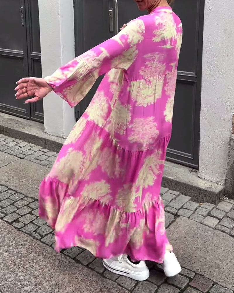 Maxi-jurk met print, volantmouwen & staande kraag – Stijlvol & Luchtig