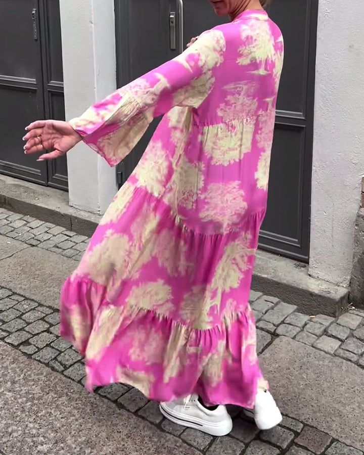 Maxi-jurk met print, volantmouwen & staande kraag – Stijlvol & Luchtig
