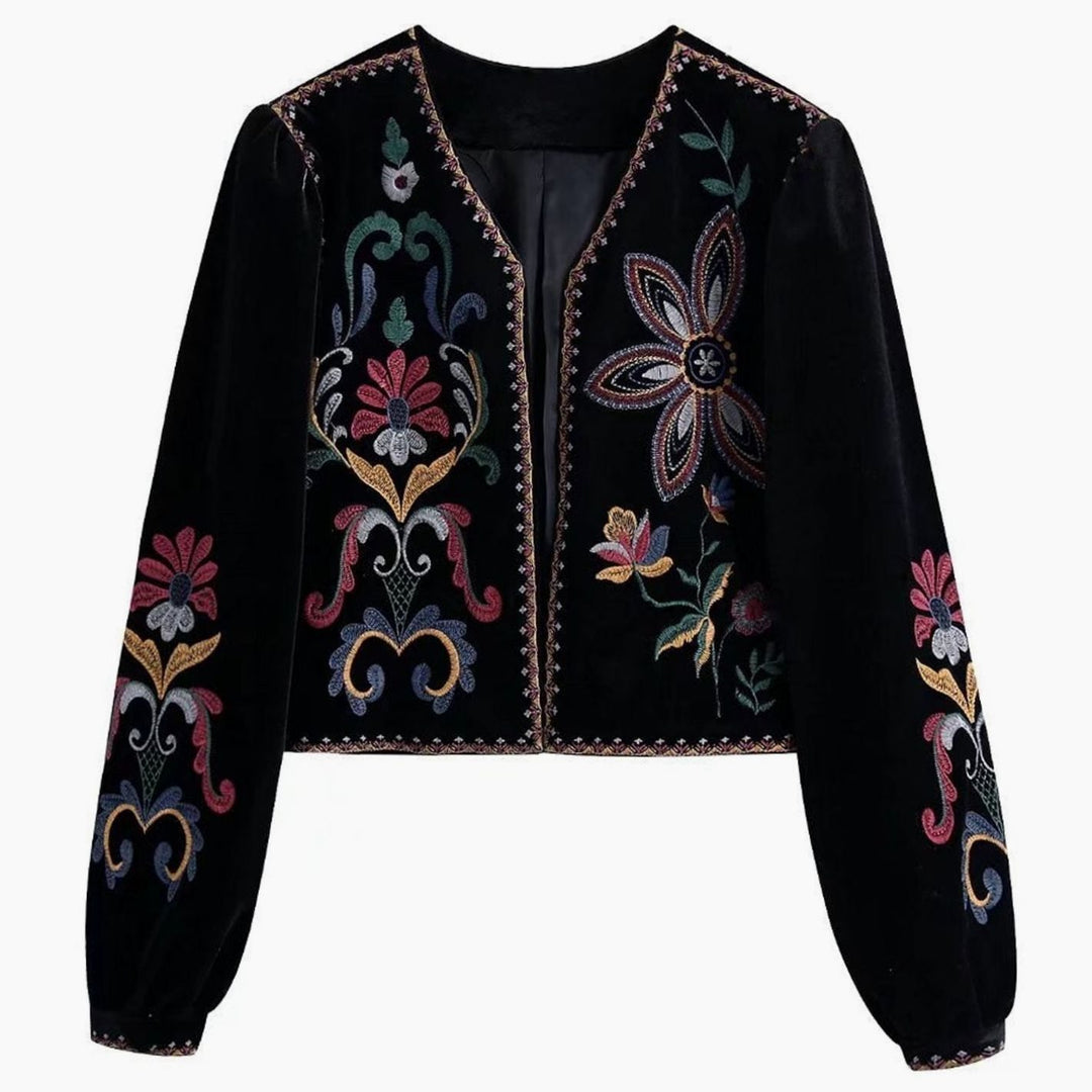 Clara Dames Cropped Fluwelen Geborduurde V-hals Jas - Zwart