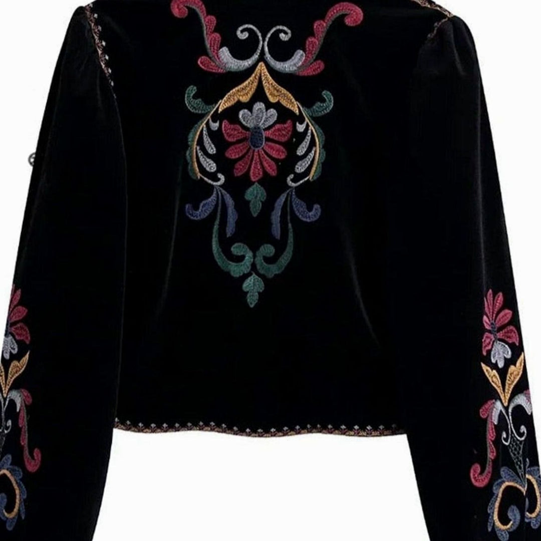 Clara Dames Cropped Fluwelen Geborduurde V-hals Jas