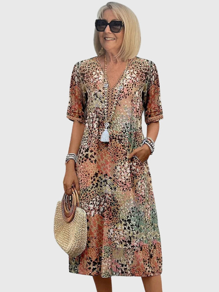 Melanie | Damen Bedrucktes V-Ausschnitt Midi-Kleid