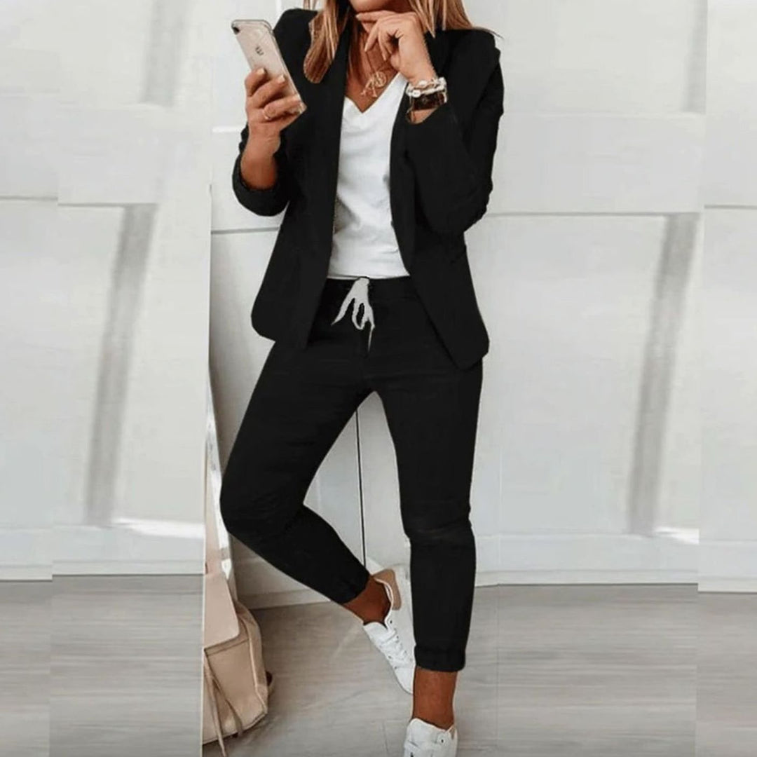 Damen Blazer Jogger Set Lässiges Zweiteiler Outfit Kordelzug - Schwarz
