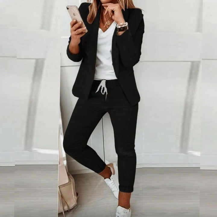 Damen Blazer Jogger Set Lässiges Zweiteiler Outfit Kordelzug - Schwarz