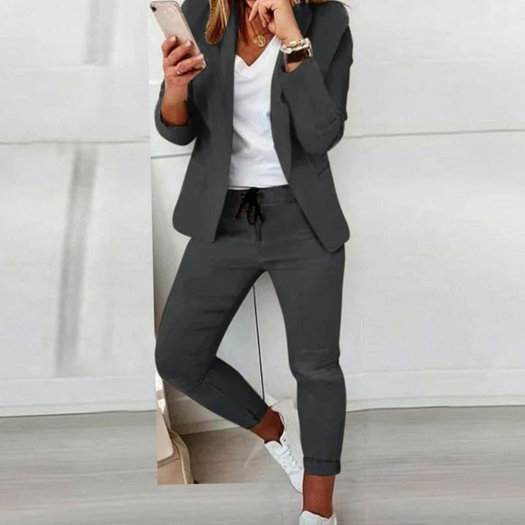 Damen Blazer Jogger Set Lässiges Zweiteiler Outfit Kordelzug - Dunkelgrau