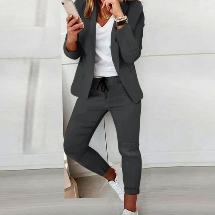 Damen Blazer Jogger Set Lässiges Zweiteiler Outfit Kordelzug - Dunkelgrau