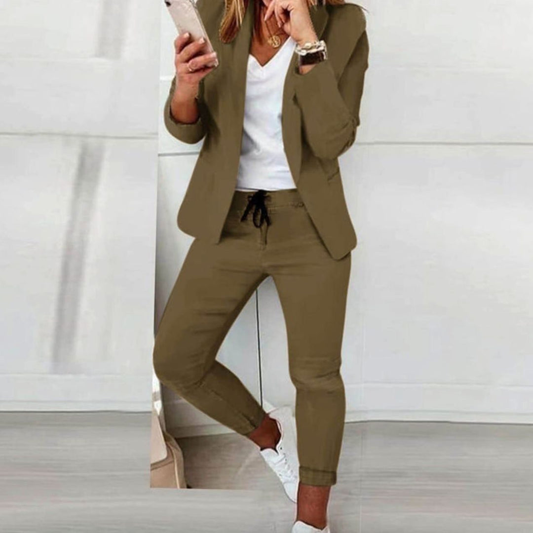 Damen Blazer Jogger Set Lässiges Zweiteiler Outfit Kordelzug - Grün