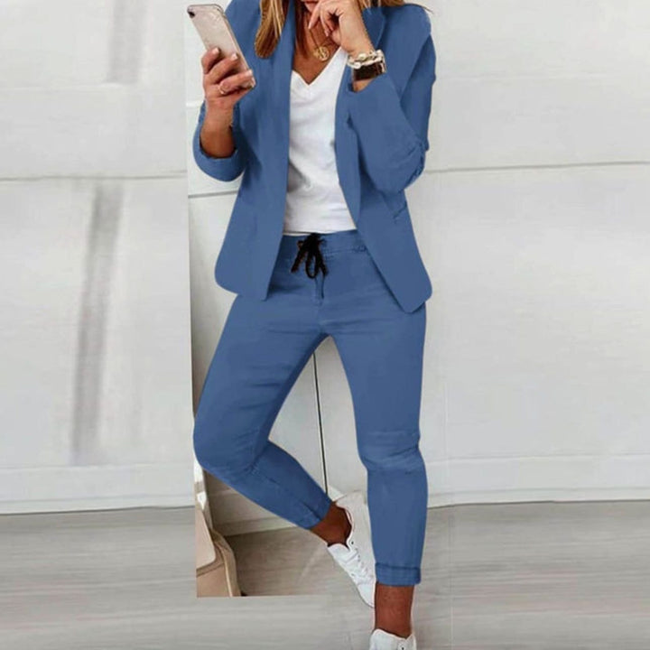 Damen Blazer Jogger Set Lässiges Zweiteiler Outfit Kordelzug - Blau