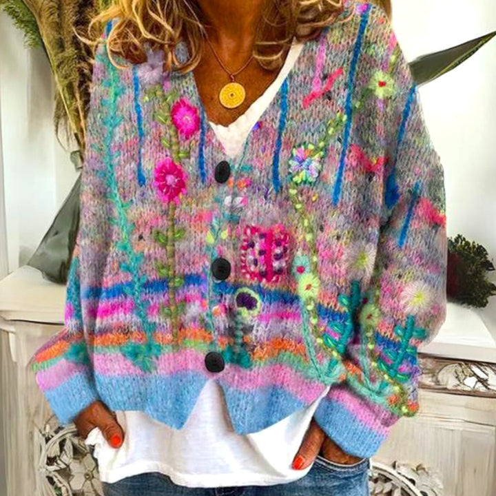 Damen Bunter farbenfroher Pullover Cardigan Bohème Strick V-Ausschnitt