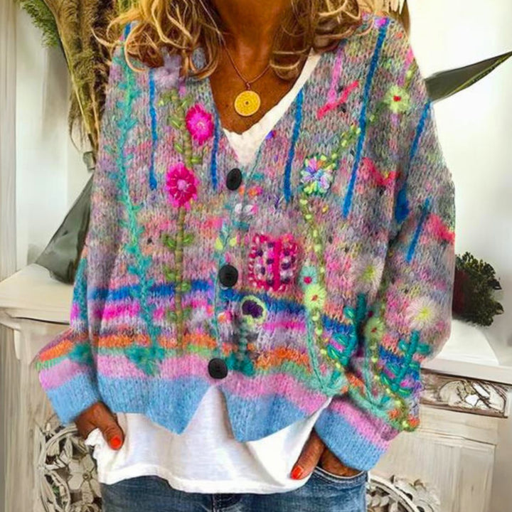 Damen Bunter farbenfroher Pullover Cardigan Bohème Strick V-Ausschnitt - Blau