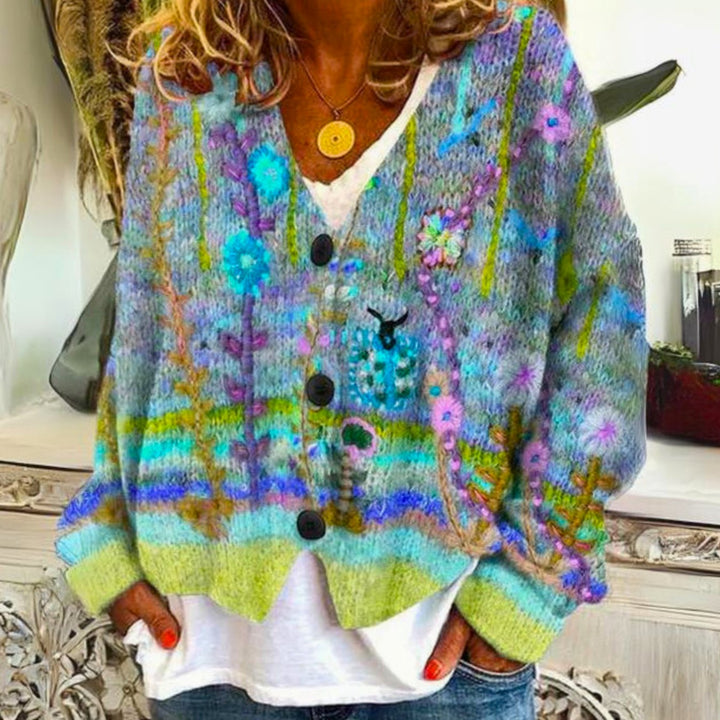 Damen Bunter farbenfroher Pullover Cardigan Bohème Strick V-Ausschnitt - Grün