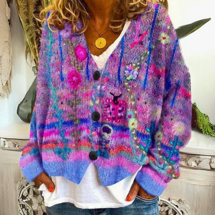 Damen Bunter farbenfroher Pullover Cardigan Bohème Strick V-Ausschnitt - Violett