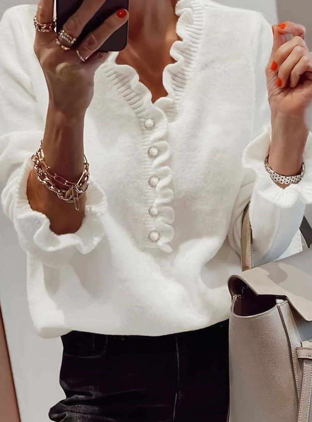 Damen Eleganter Pullover Klassischer V-Ausschnitt Rüschen Strickjacke