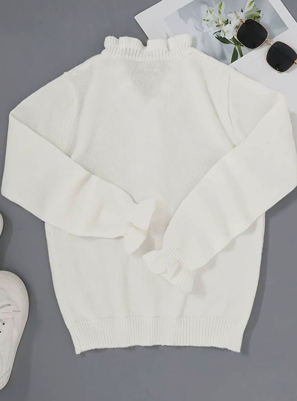 Damen Eleganter Pullover Klassischer V-Ausschnitt Rüschen Strickjacke