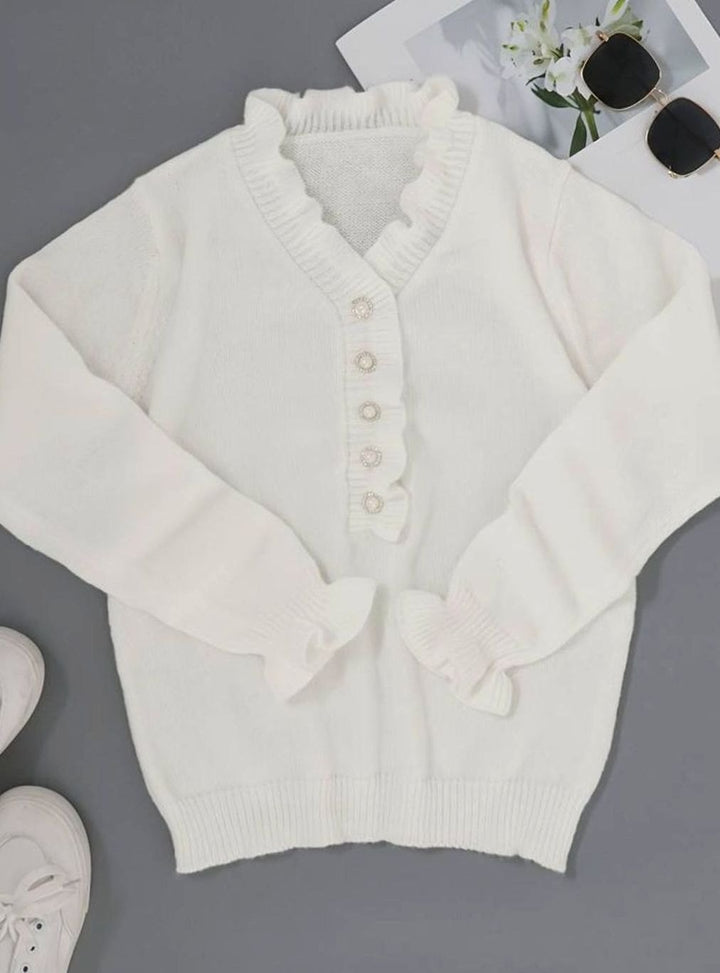 Damen Eleganter Pullover Klassischer V-Ausschnitt Rüschen Strickjacke