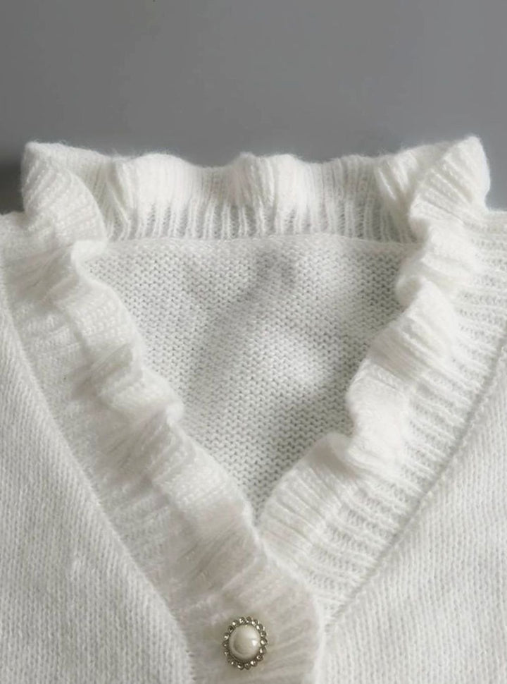 Damen Eleganter Pullover Klassischer V-Ausschnitt Rüschen Strickjacke