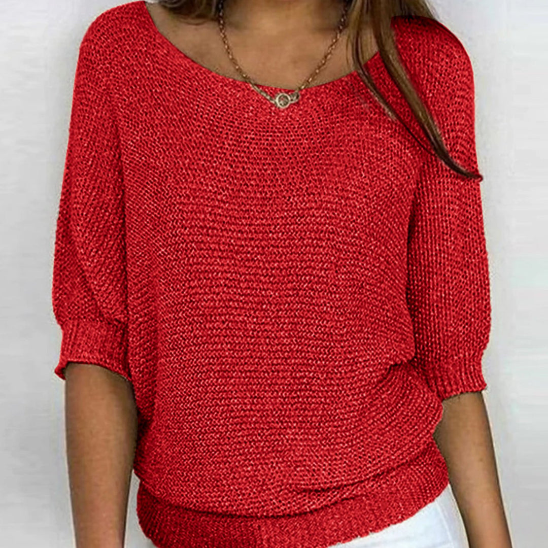 Damen Eleganter Pullover Strick Rundhals Halbarm Oversize - Rot