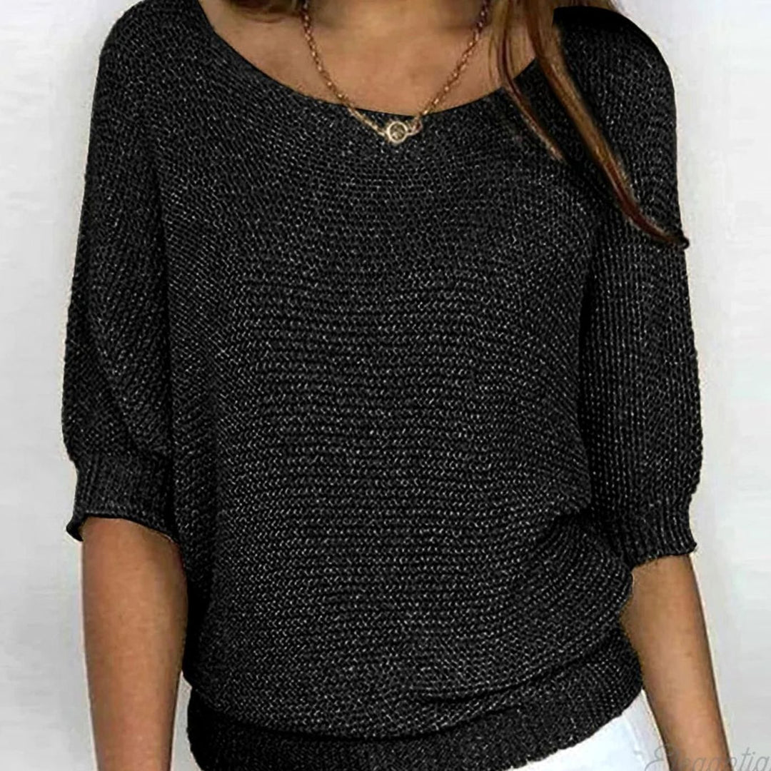 Damen Eleganter Pullover Strick Rundhals Halbarm Oversize - Schwarz