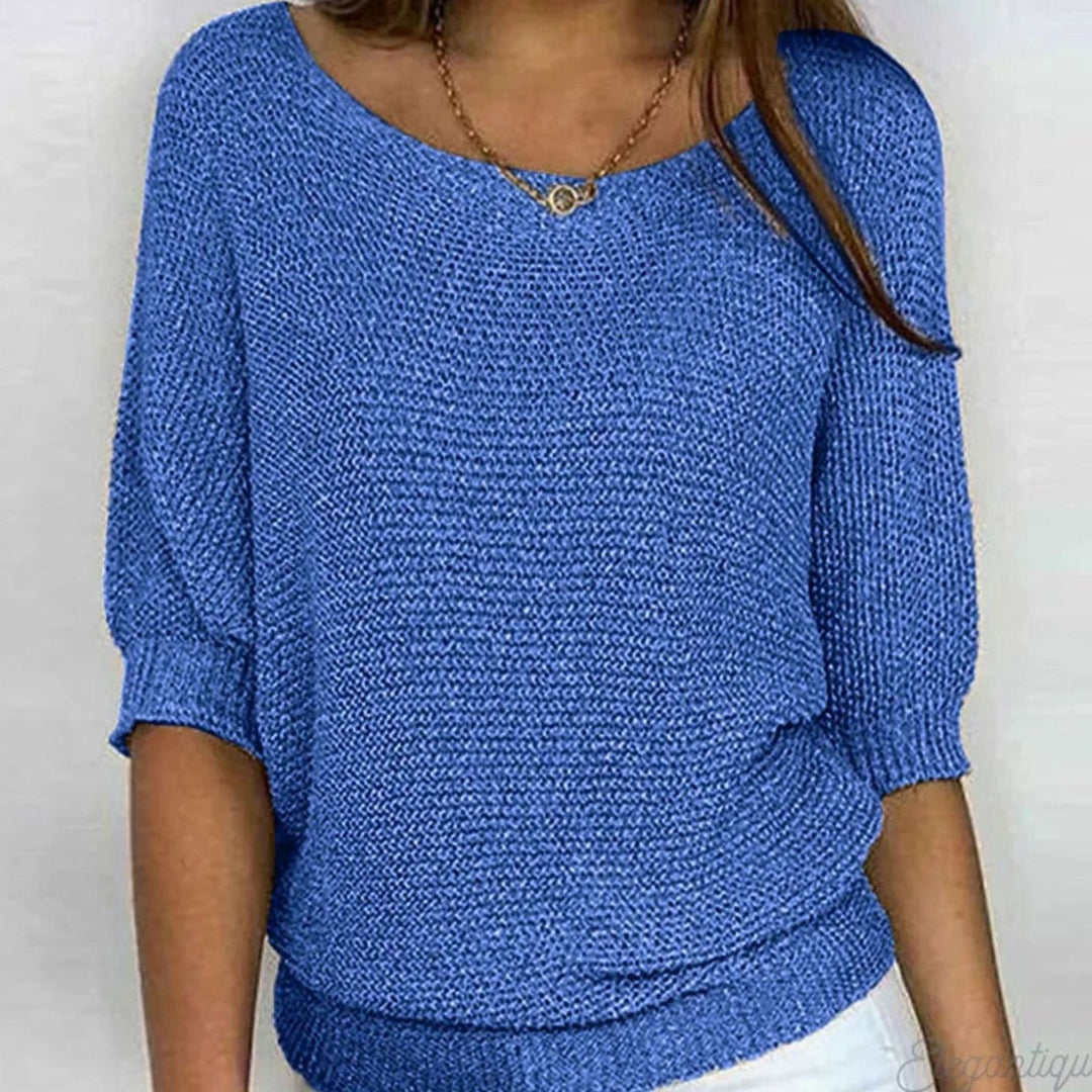 Damen Eleganter Pullover Strick Rundhals Halbarm Oversize - Blau