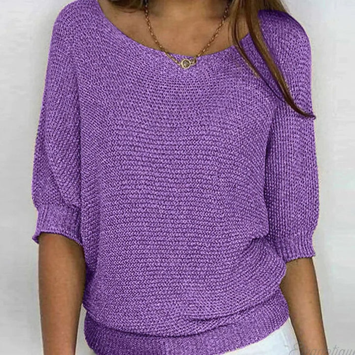 Damen Eleganter Pullover Strick Rundhals Halbarm Oversize - Lila