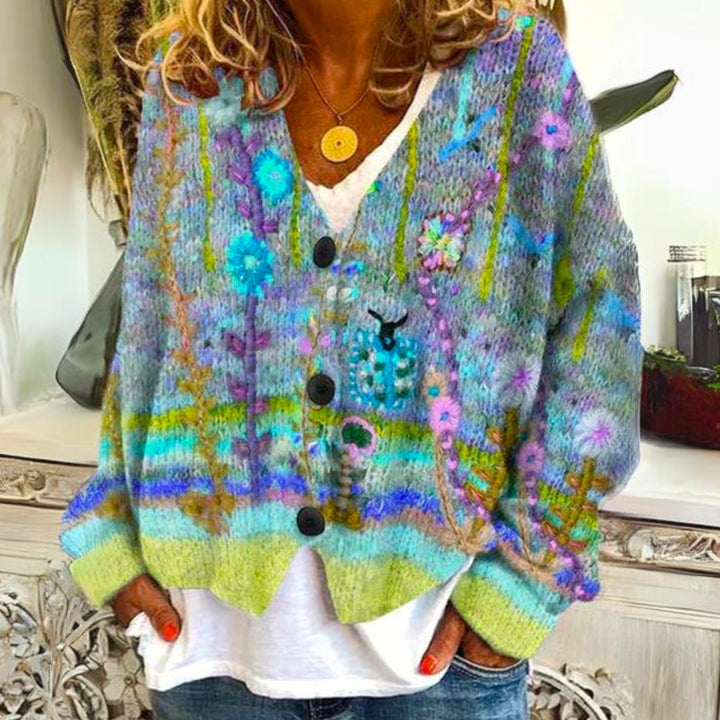 Damen farbenfroher Pullover Cardigan Bohème Strick V-Ausschnitt - Grün