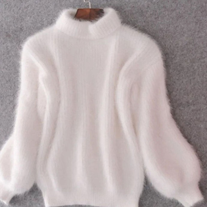 Damen Flauschiger Rollkragenpullover mit hohem Kragen Winterpullover - Weiß