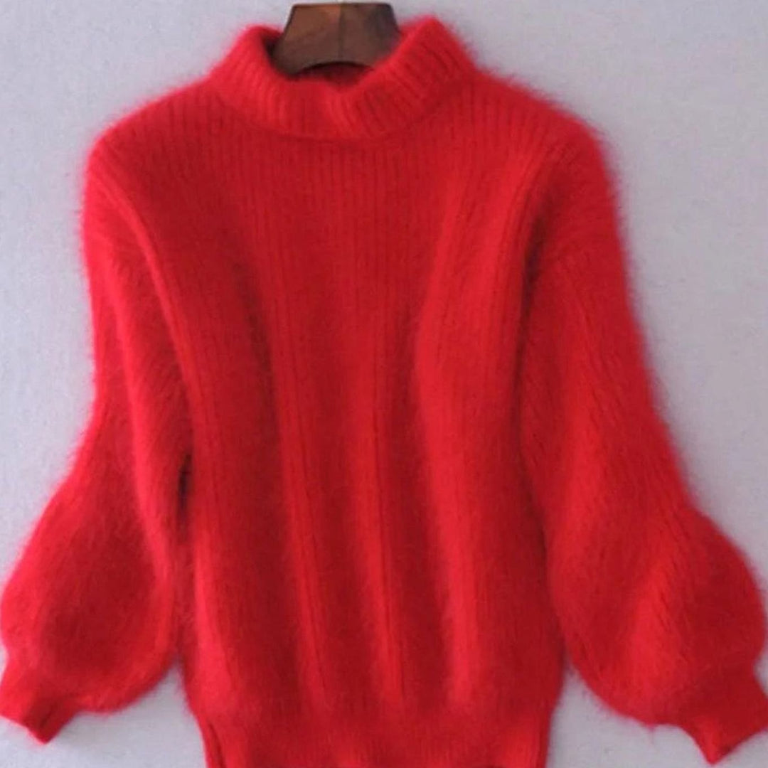 Damen Flauschiger Rollkragenpullover mit hohem Kragen Winterpullover - Rot