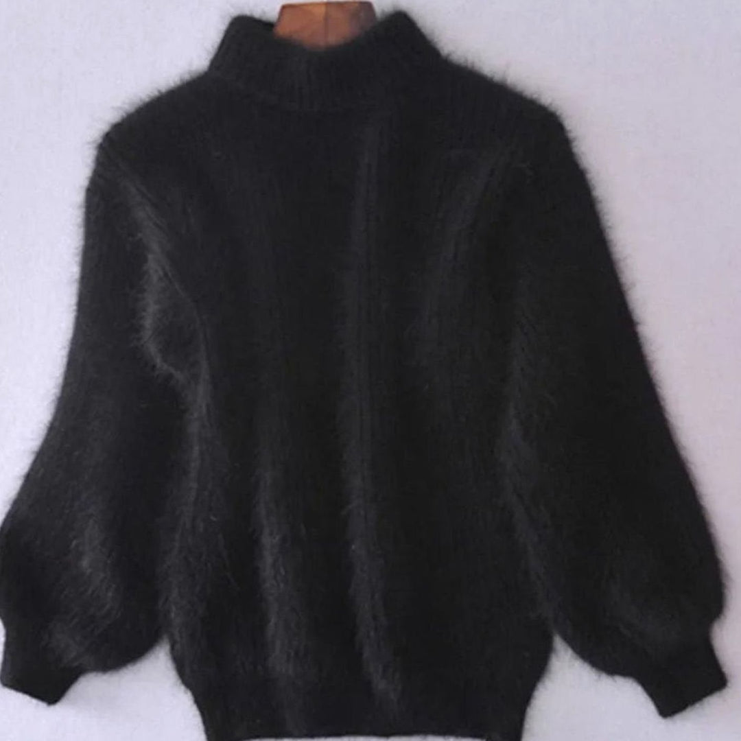 Damen Flauschiger Rollkragenpullover mit hohem Kragen Winterpullover - Schwarz
