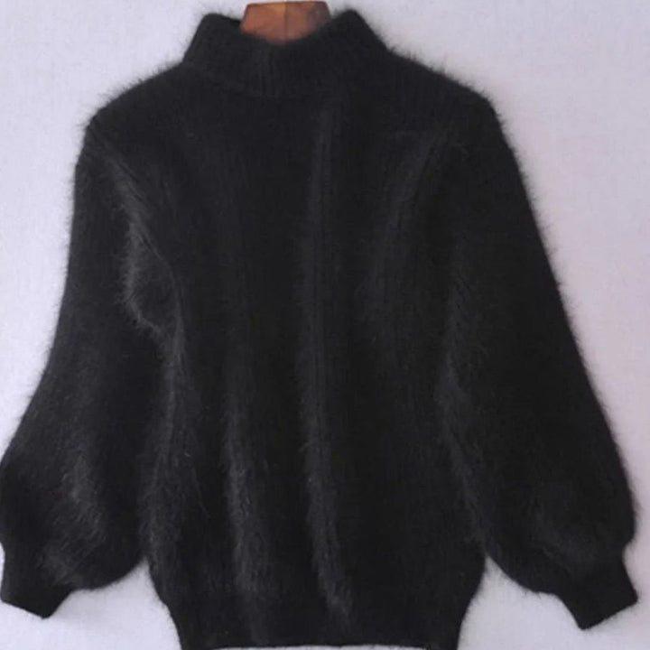 Damen Flauschiger Rollkragenpullover mit hohem Kragen Winterpullover - Schwarz