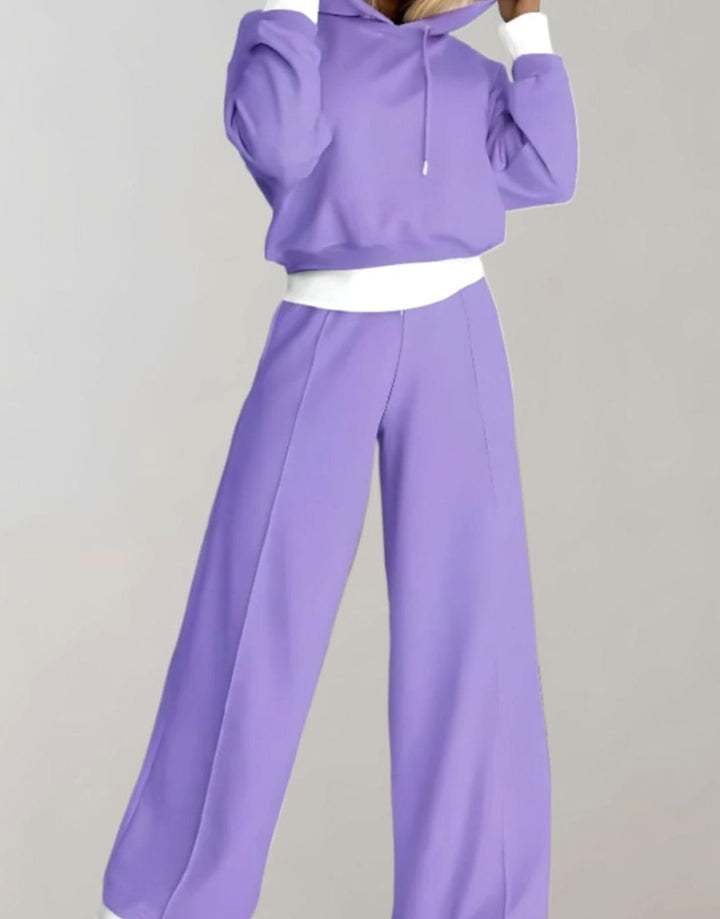 Damen Freizeit Hoodie Jogginganzug Set Crop Kapuzenpullover Weitbein - Lila