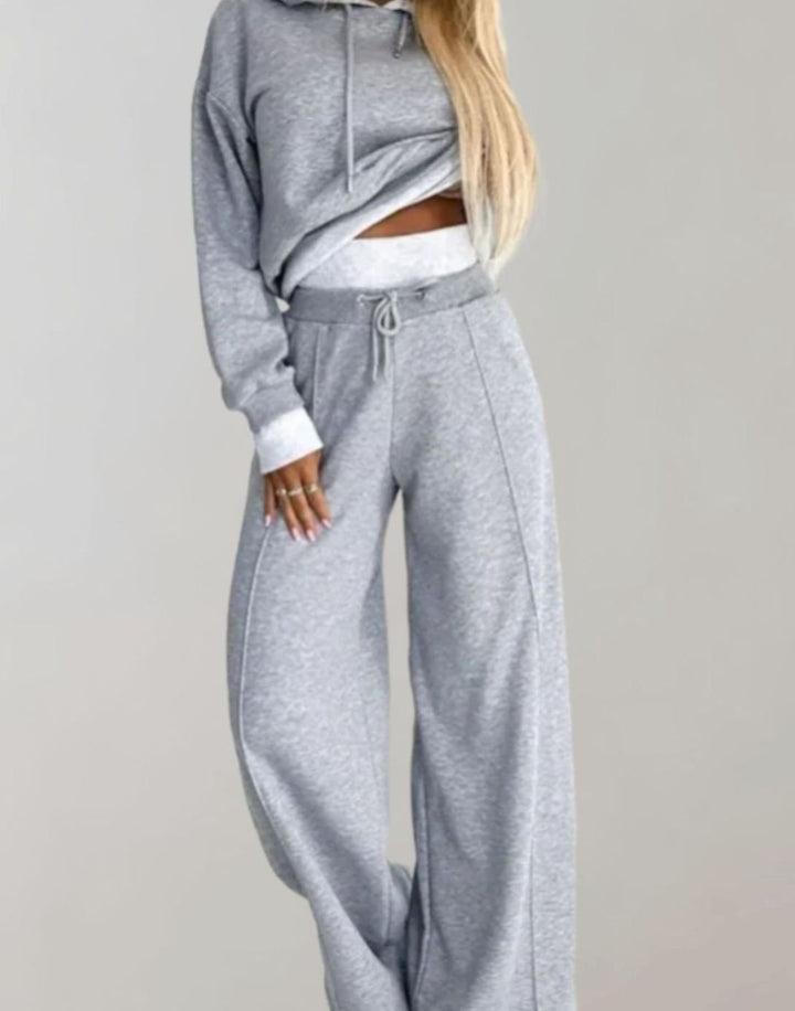Damen Freizeit Hoodie Jogginganzug Set Crop Kapuzenpullover Weitbein - Grau