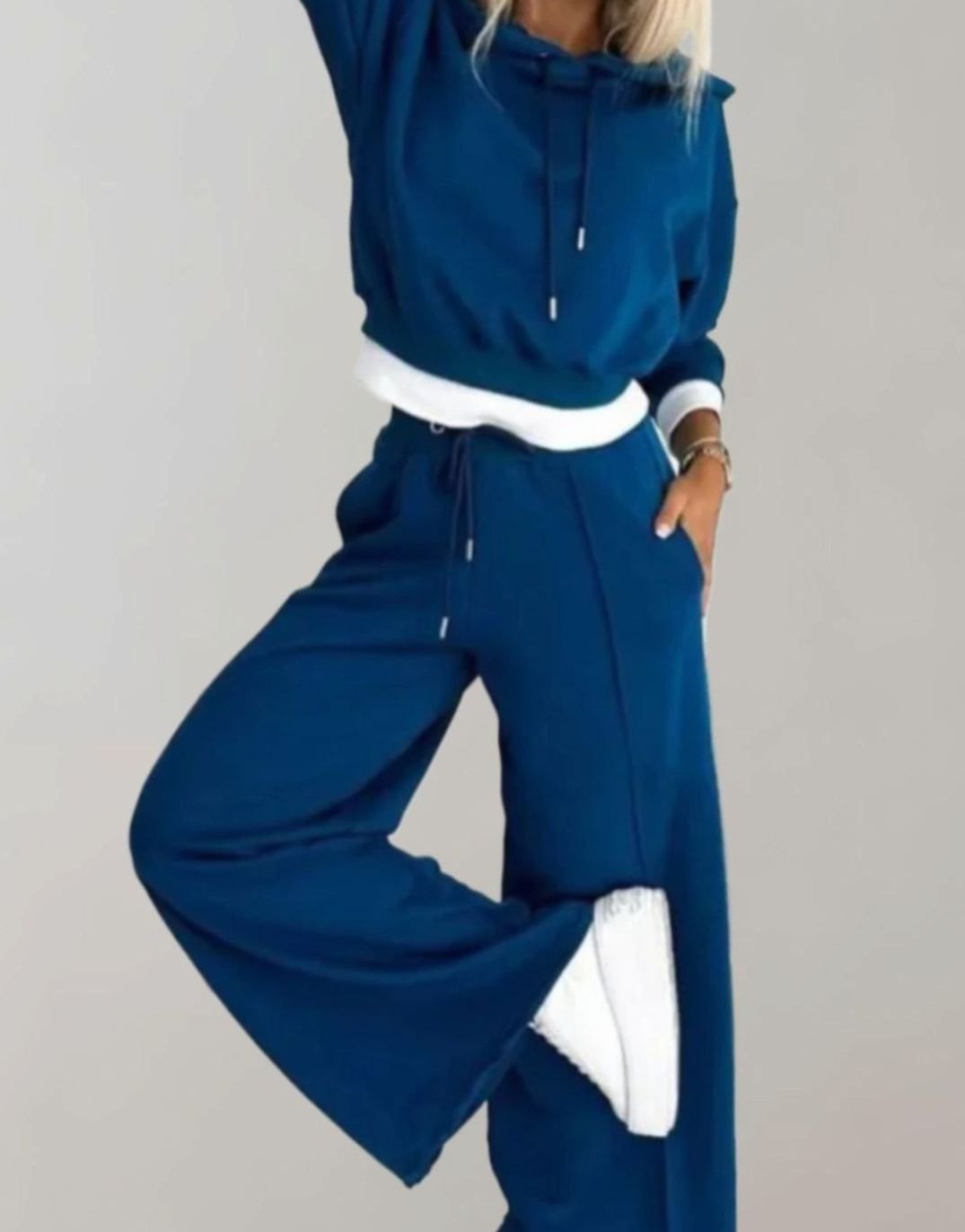 Damen Freizeit Hoodie Jogginganzug Set Crop Kapuzenpullover Weitbein - Blau