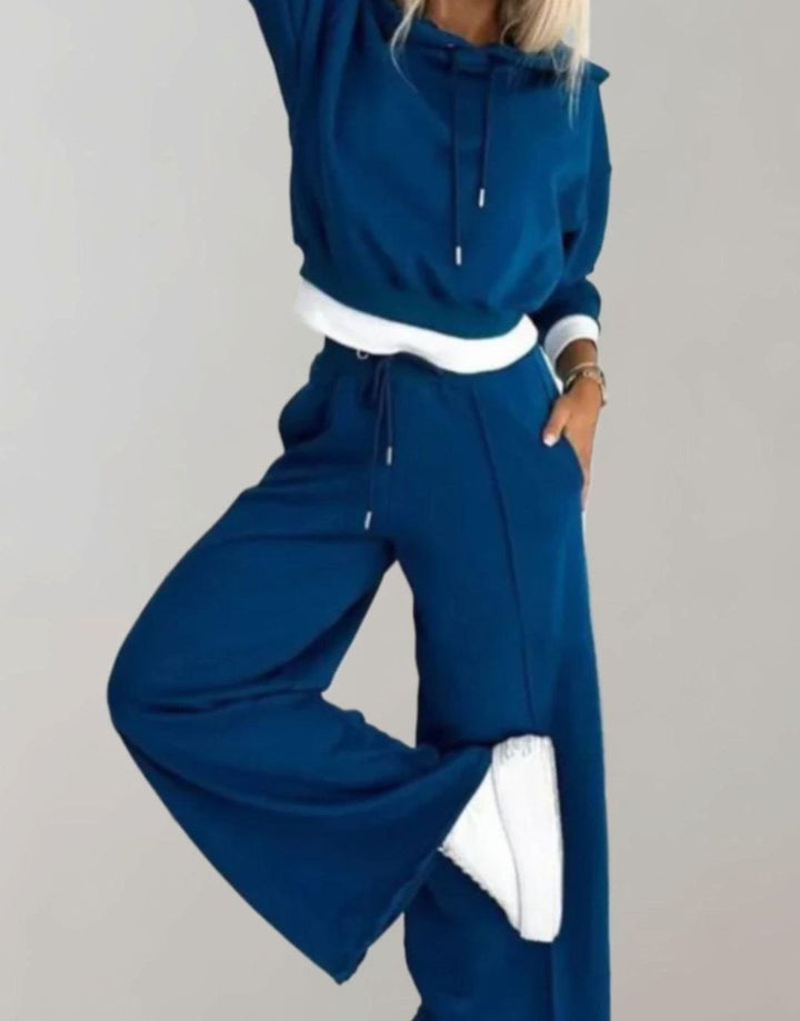 Damen Freizeit Hoodie Jogginganzug Set Crop Kapuzenpullover Weitbein - Blau
