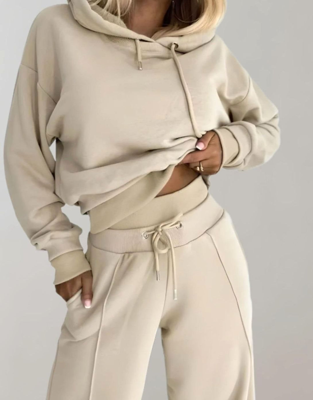 Damen Freizeit Hoodie Jogginganzug Set Crop Kapuzenpullover Weitbein - Beige