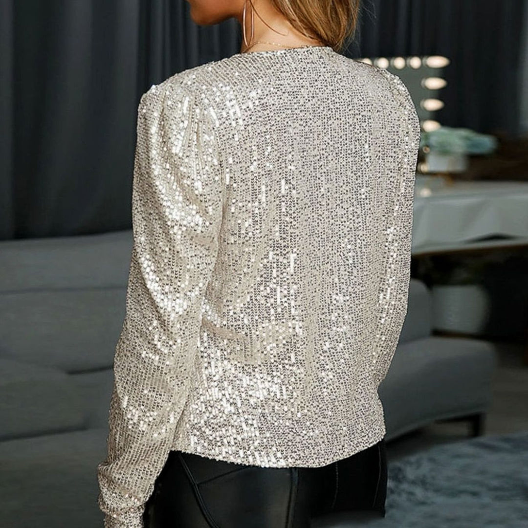 Damen Glitzernde Offene Winterjacke Pailletten Blazer