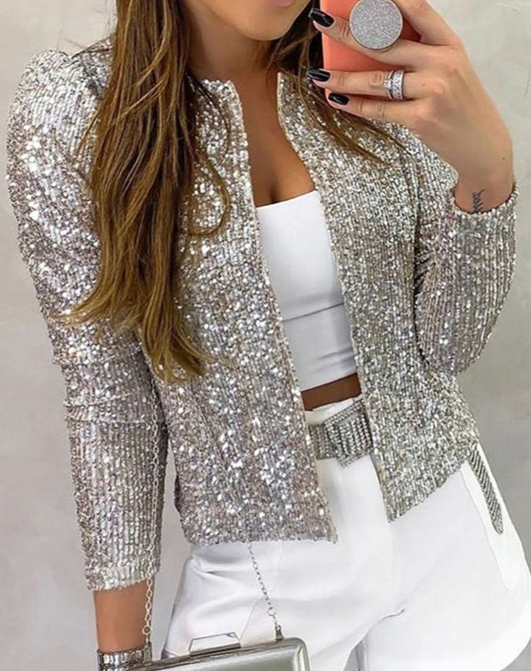 Damen Glitzernde Offene Winterjacke Pailletten Blazer - Silber