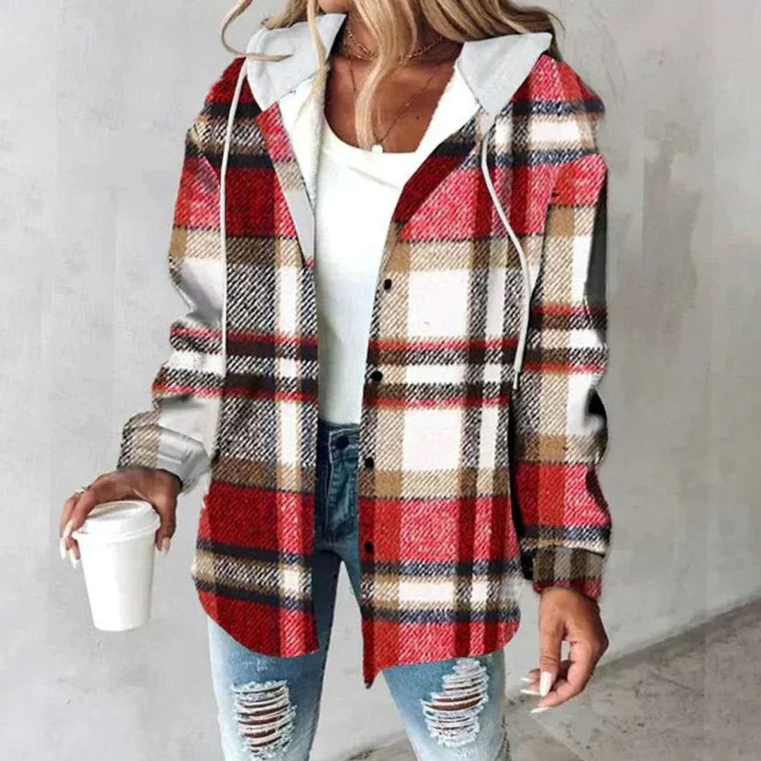 Damen Karo Hoodie Jacke locker geschnitten warm winterlich - Rot