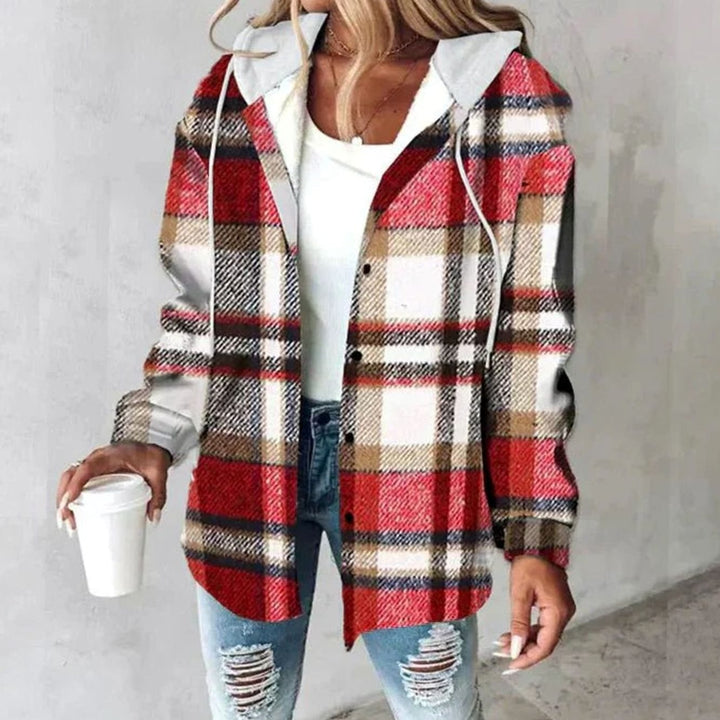 Damen Karo Hoodie Jacke locker geschnitten warm winterlich - Rot