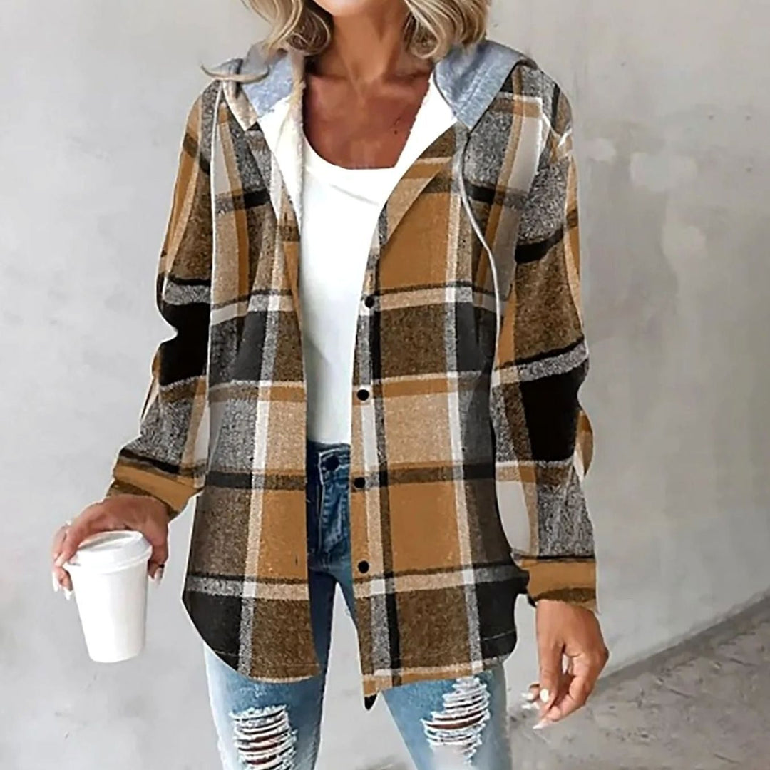 Damen Karo Hoodie Jacke locker geschnitten warm winterlich