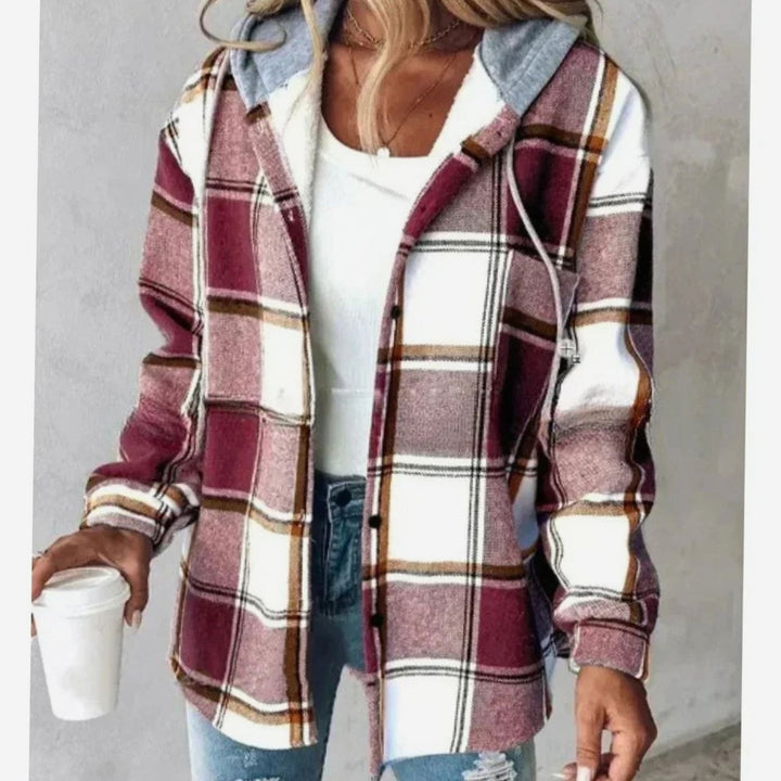 Damen Karo Hoodie Jacke locker geschnitten warm winterlich - Dunkelrot