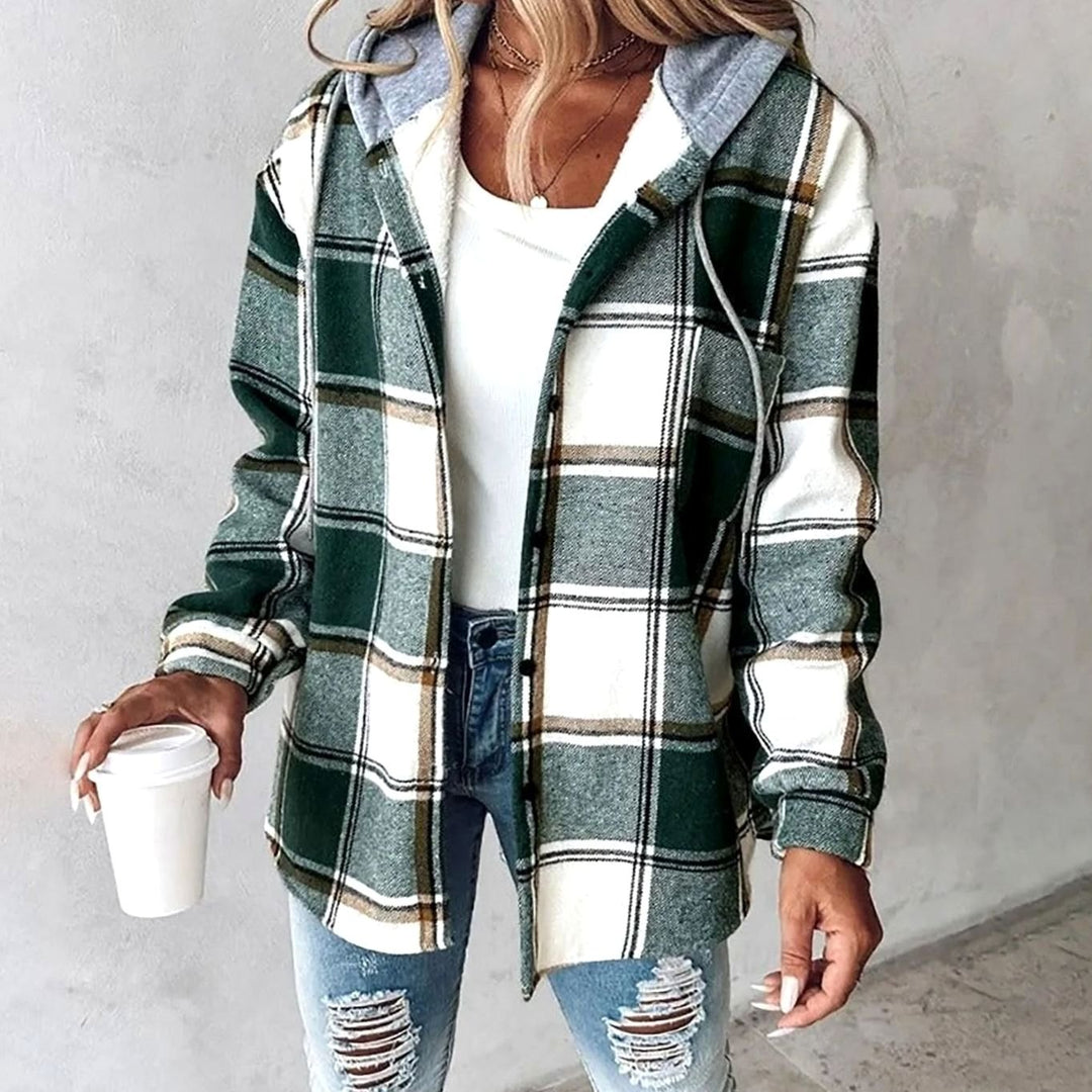 Damen Karo Hoodie Jacke locker geschnitten warm winterlich - Grün