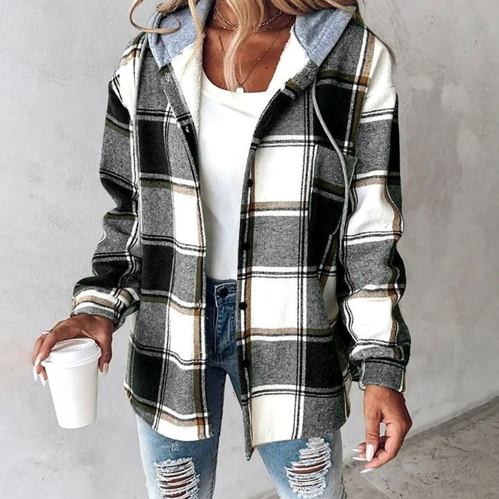 Damen Karo Hoodie Jacke locker geschnitten warm winterlich