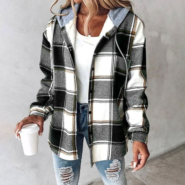 Damen Karo Hoodie Jacke locker geschnitten warm winterlich - Schwarz