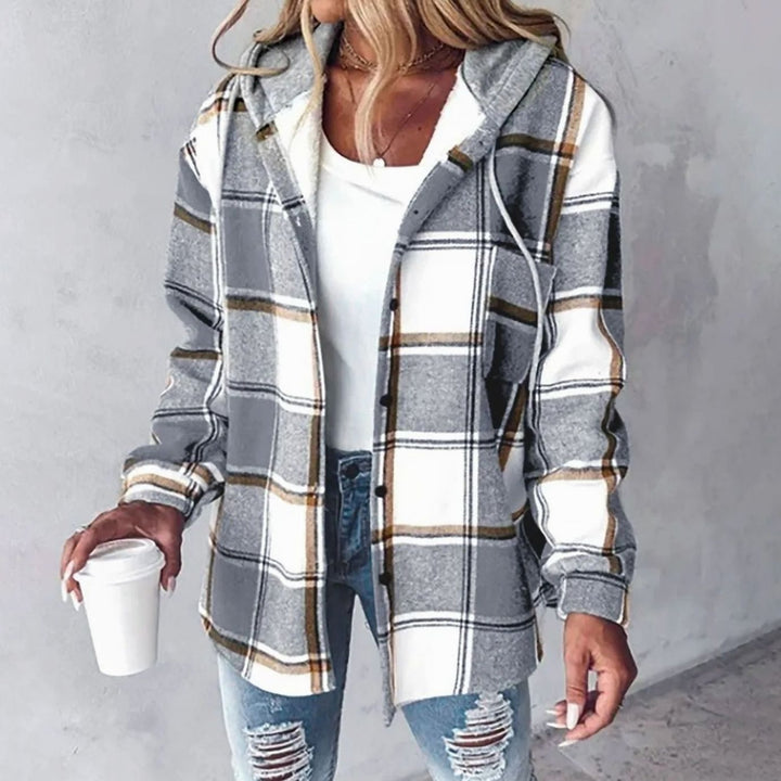 Damen Karo Hoodie Jacke locker geschnitten warm winterlich