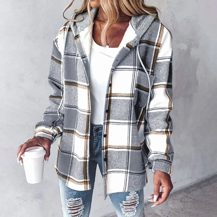 Damen Karo Hoodie Jacke locker geschnitten warm winterlich - Grau