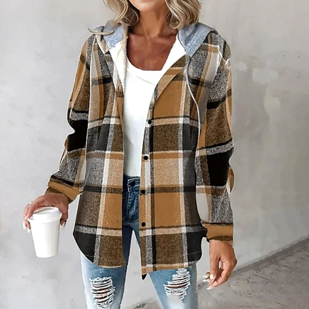 Damen Karo Hoodie Jacke locker geschnitten warm winterlich - Braun