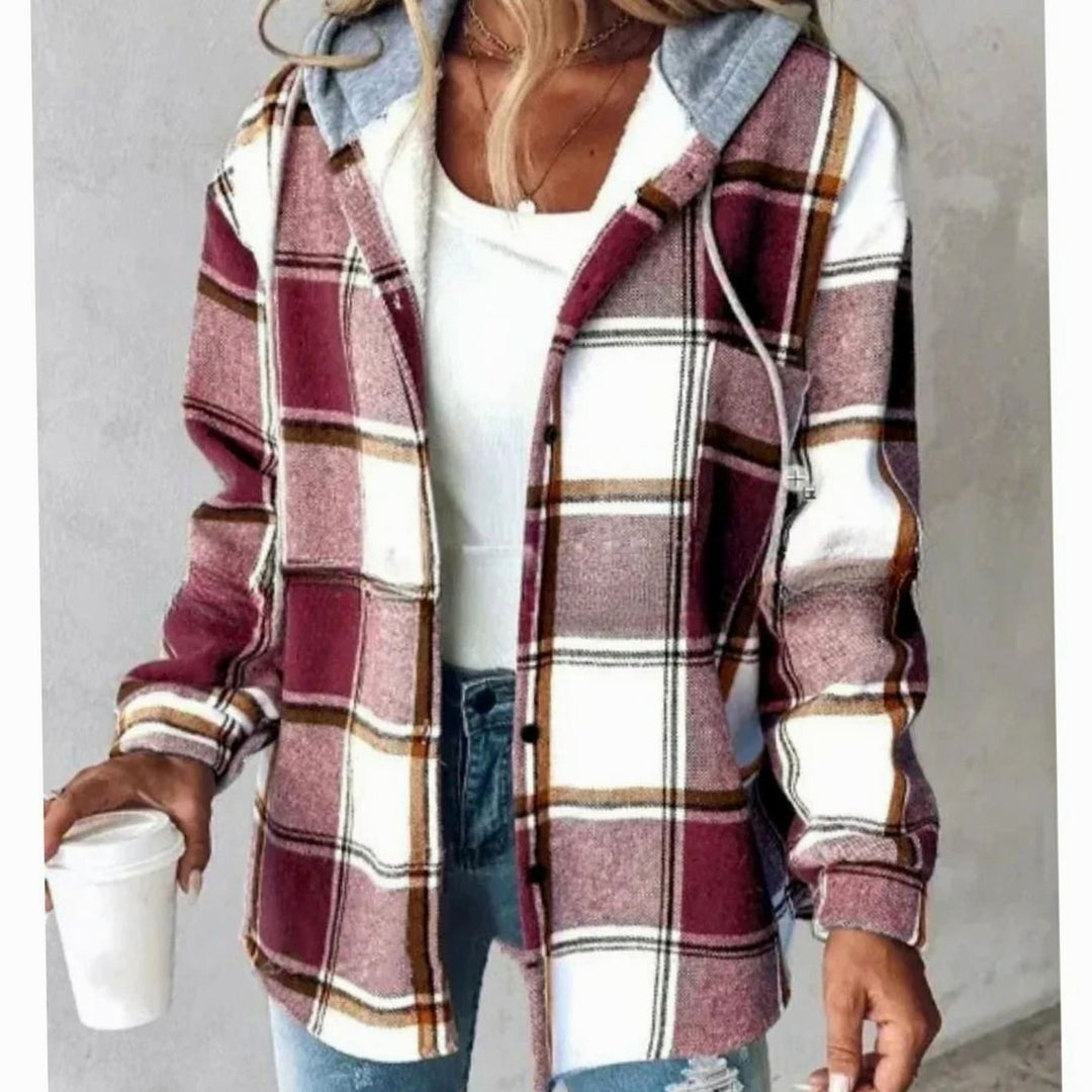 Damen Karo Hoodie Jacke mit Kapuze lockere Passform Winterjacke - Dunkelrot