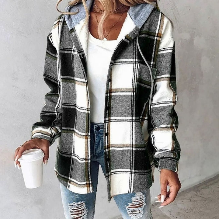 Damen Karo Hoodie Jacke mit Kapuze lockere Passform Winterjacke