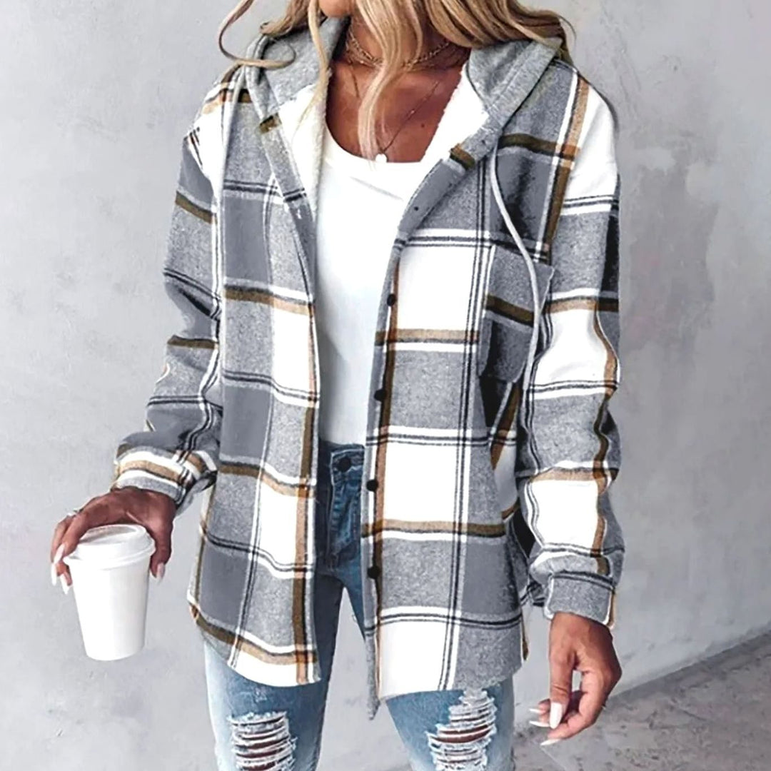 Damen Karo Hoodie Jacke mit Kapuze lockere Passform Winterjacke